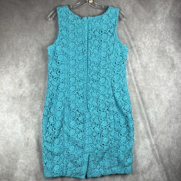 Talbots Floral Sheath Dress Wms 14P Blue Lace Overlay Cotton Sleeveless Coquette - Picture 2 of 8